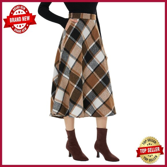 Women's Long Plaid Skirt High Waist A-Line Maxi Wool Blend Pockets
